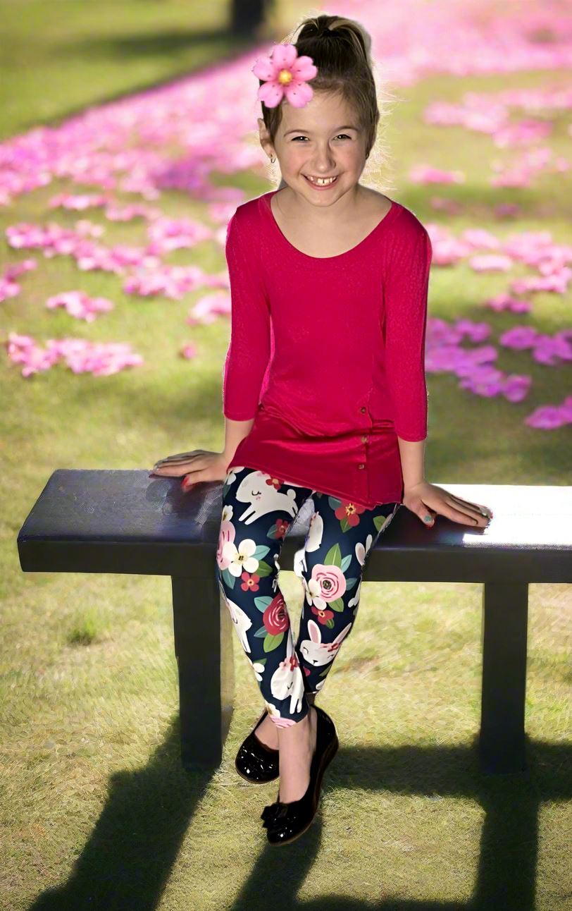 Girls Easter Bunny Leggings, Kids Yoga Pants, Sizes S/L, Yoga Waist, Blue/Pink, Exclusive Leggings Leggings MomMe and More