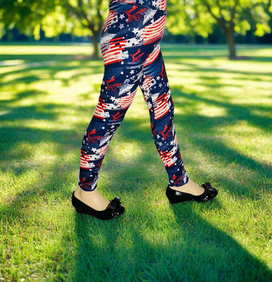 Girls 4th of July Leggings - High Waisted - Buttery Soft - American Flag Leggings MomMe and More S Red/White/Blue