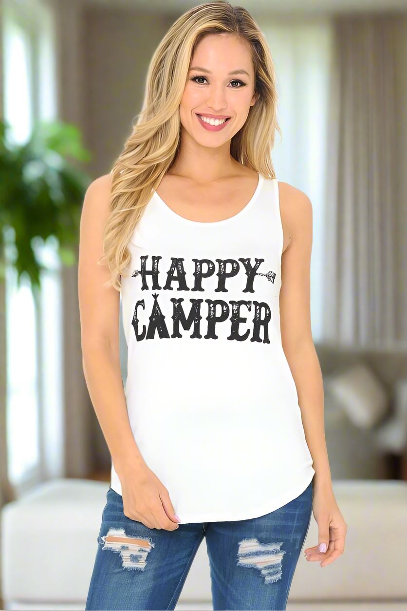Womens Happy Camper Graphic Tank Top, Sizes S/M/L, White Tops MomMe and More S White