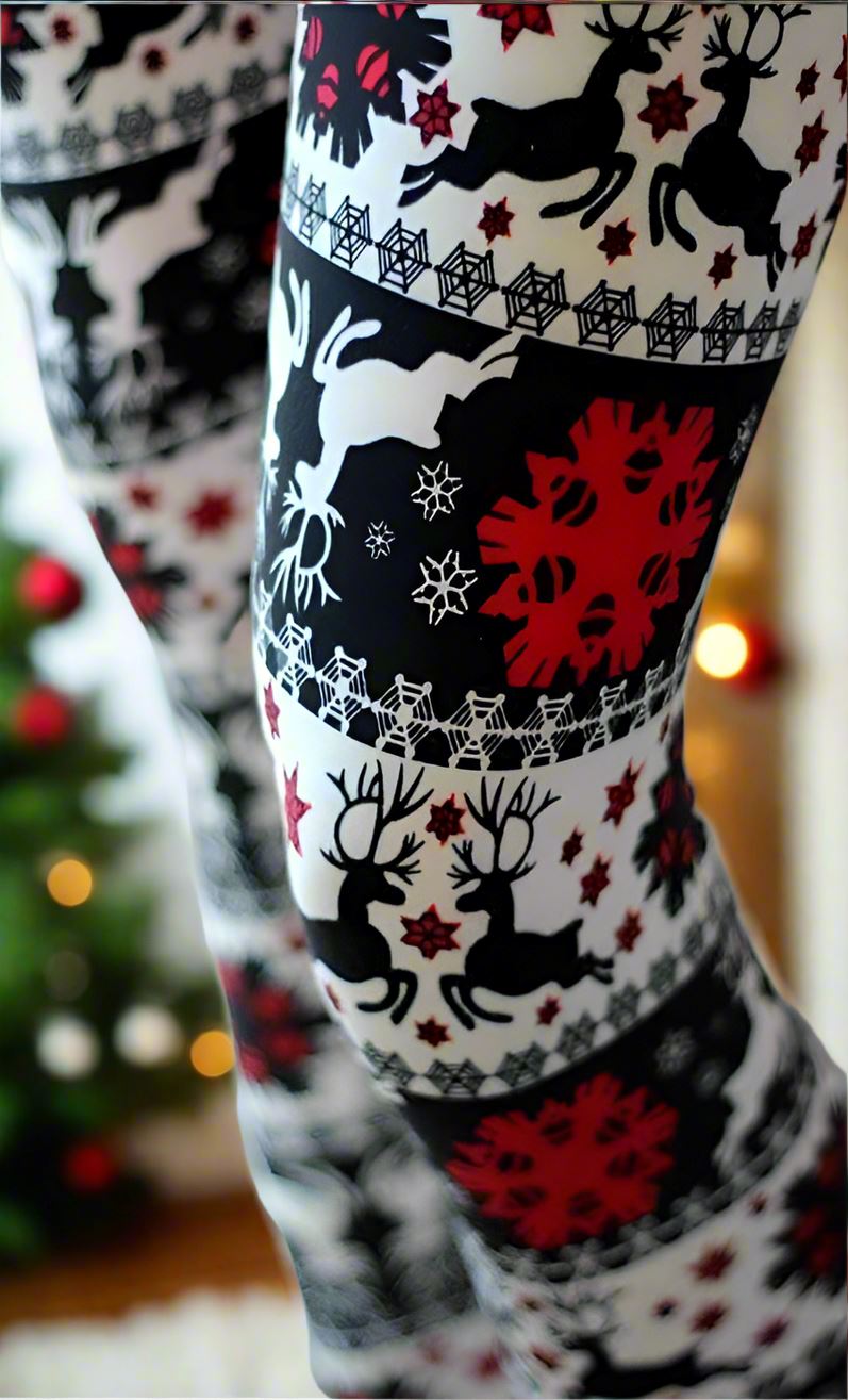 Womens Christmas Reindeer Snowflake Leggings, Soft Yoga Pants, Size 0-18, No-Roll Waist, White/Red/Black Leggings MomMe and More