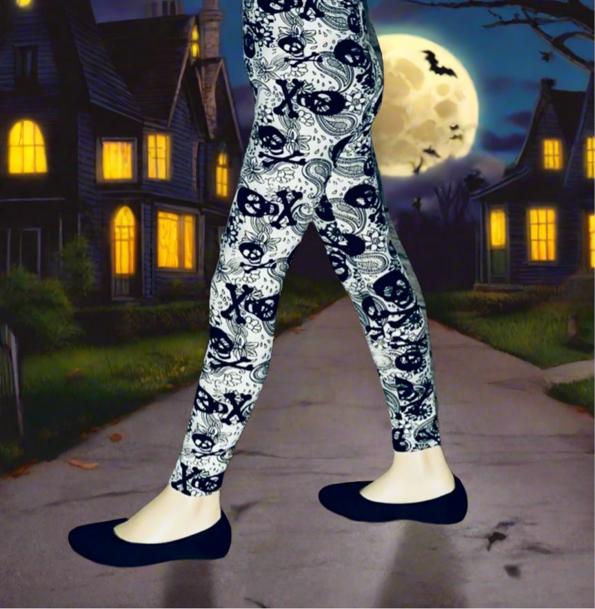 Girls Halloween Skull Leggings, Kids Yoga Pants, Sizes S/L, No-Roll Waist, White/Black Leggings MomMe and More