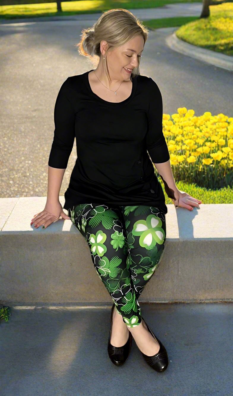 Womens Shamrock Leggings, St. Patrick Day Leggings, Soft Yoga Pants, Sizes 0-20, Yoga Waist, Green/Black, Exclusive Leggings Leggings MomMe and More