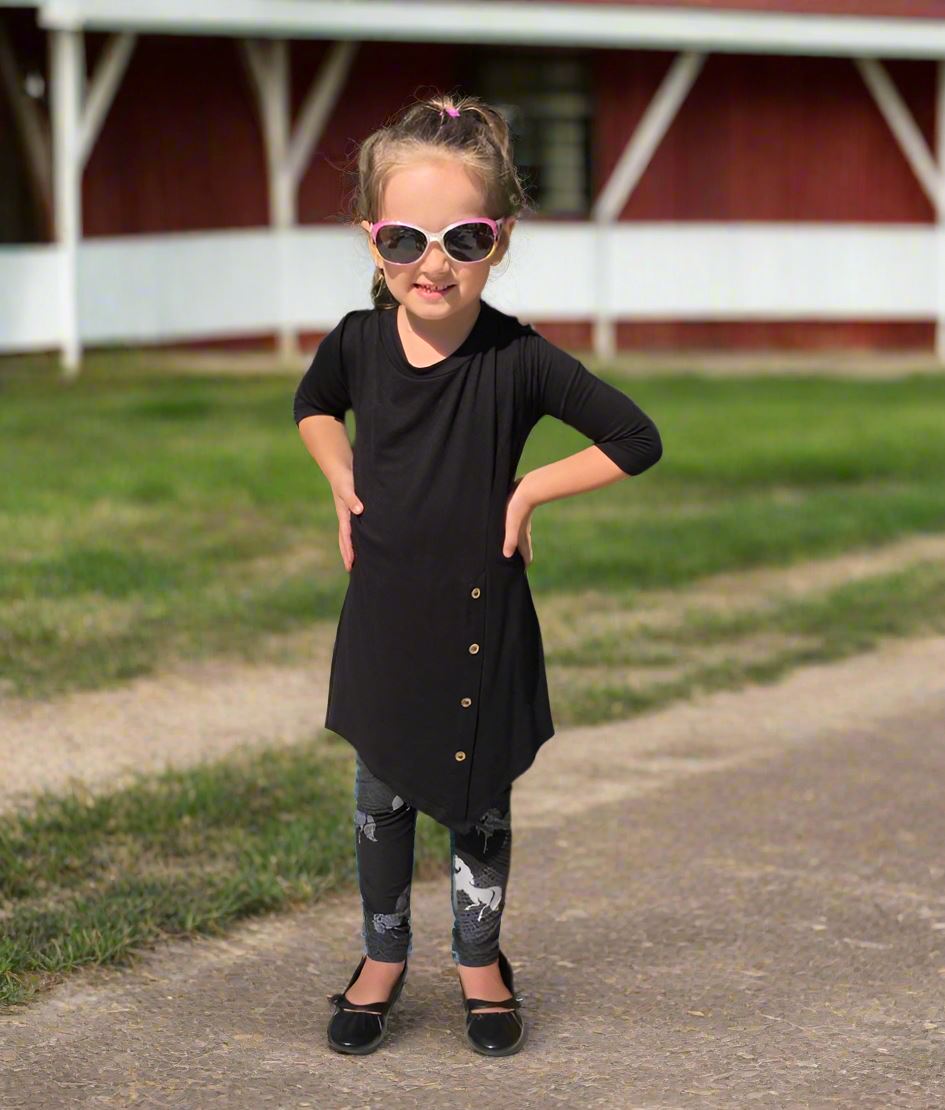 Girls Horse Leggings, Kids Yoga Pants, Sizes S/L, No-Roll Waist, Black/White Leggings MomMe and More