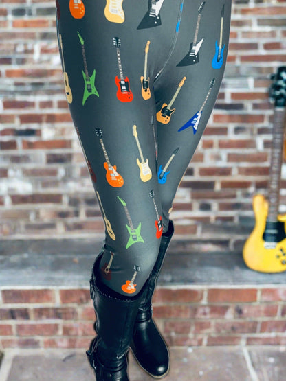 Womens Guitar Print Leggings Soft Yoga Pants Gray/Multi Sizes 0-22