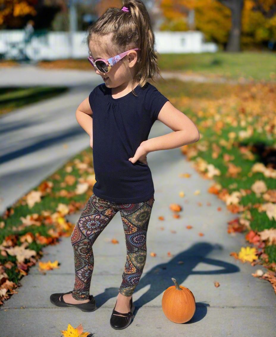 Girls Fall Mosaic Leggings, Kids Yoga Pants, Size S, No-Roll Waist, Brown/Multi Leggings MomMe and More
