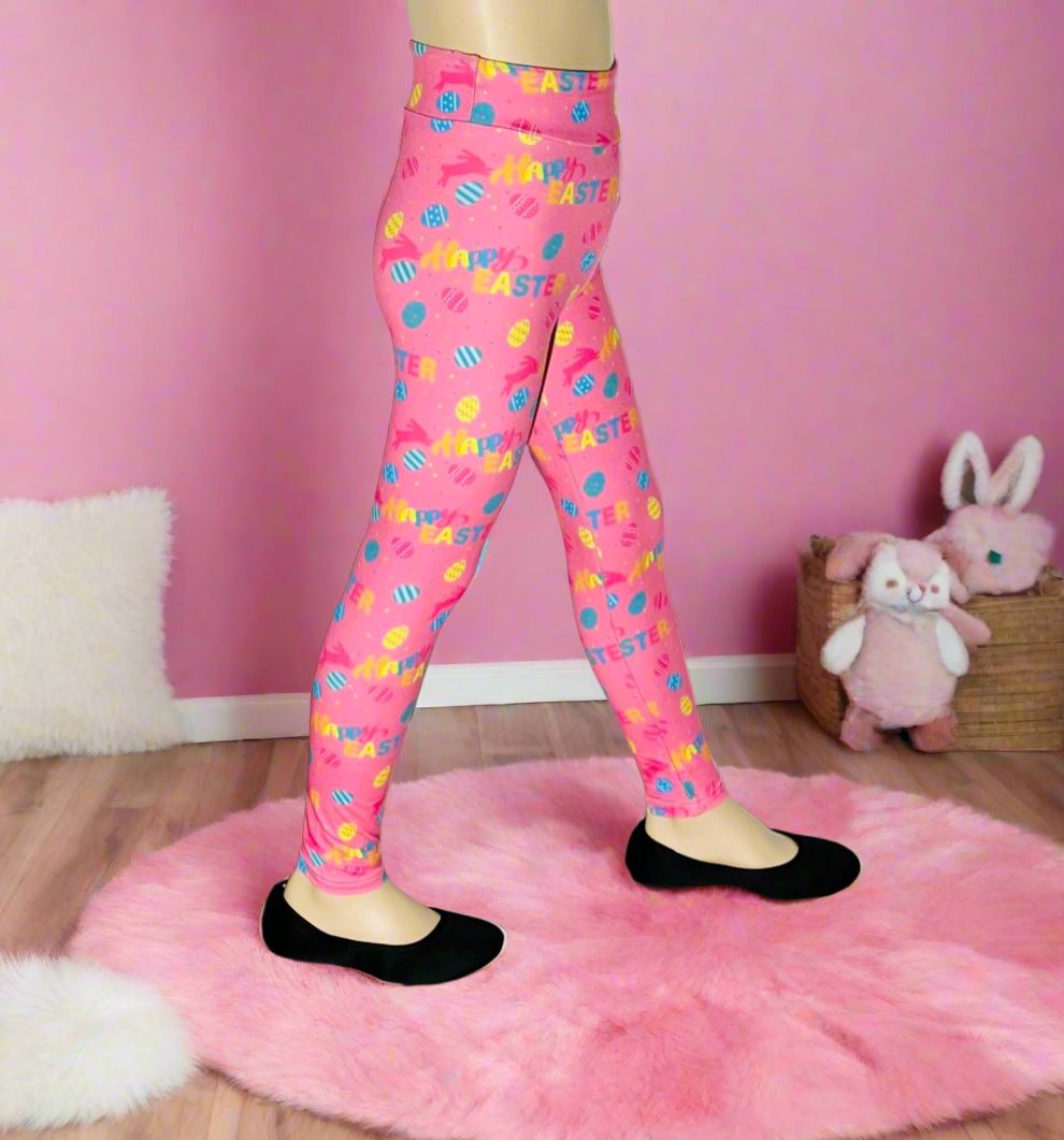 Girls Happy Easter Leggings, Kids Yoga Pants, Sizes S/L, Yoga Waist, Pink, Exclusive Leggings Leggings MomMe and More