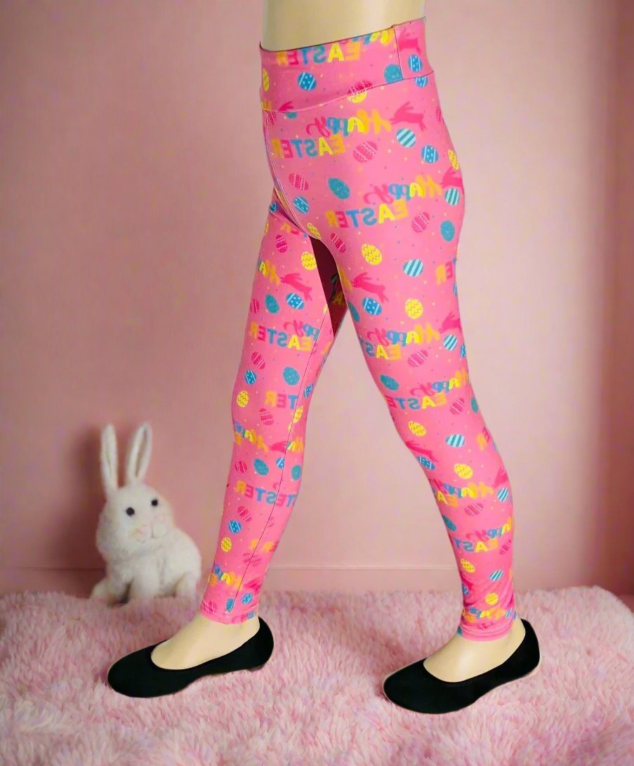 Girls Leggings | Exclusive Happy Easter Leggings | Kids Yoga Pants | Footless Tights | Yoga Waistband Leggings MomMe and More
