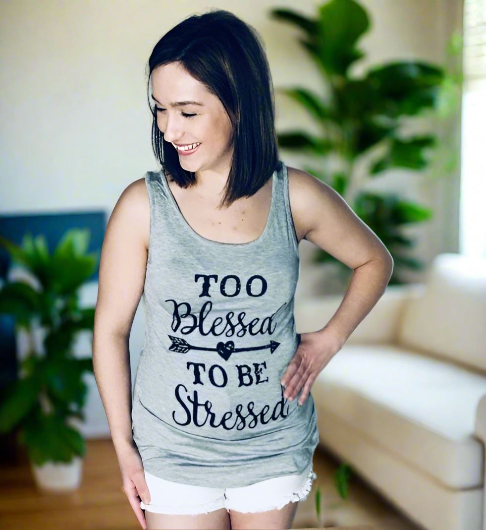 Womens Too Blessed To Be Stressed Graphic Tank Top, Sizes S/M/L, Gray Tops MomMe and More