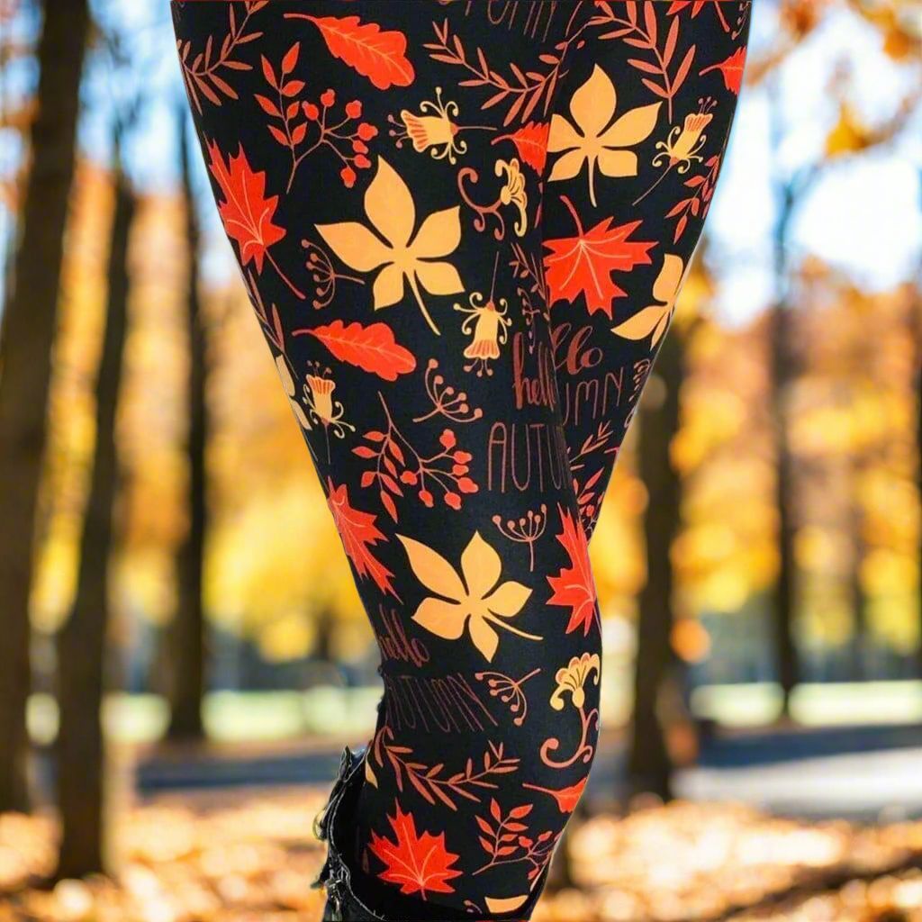 Womens Fall Leaf Leggings - High Waisted - Buttery Soft - Halloween Thanksgiving Leggings- Black/Orange Leggings MomMe and More