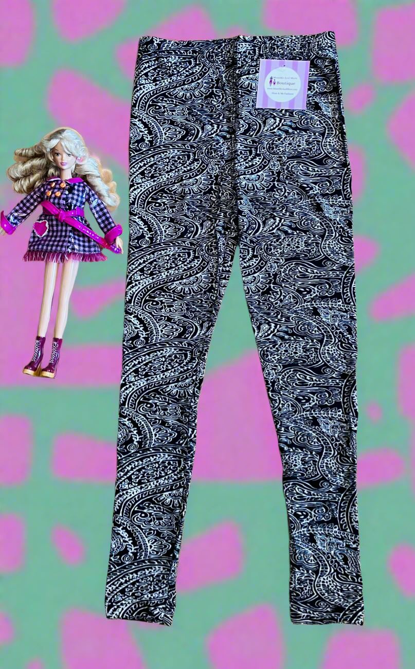 Girls Paisley Leggings Kids, Yoga Pants, Sizes S/L, No-Roll Waist, Black/White Leggings MomMe and More