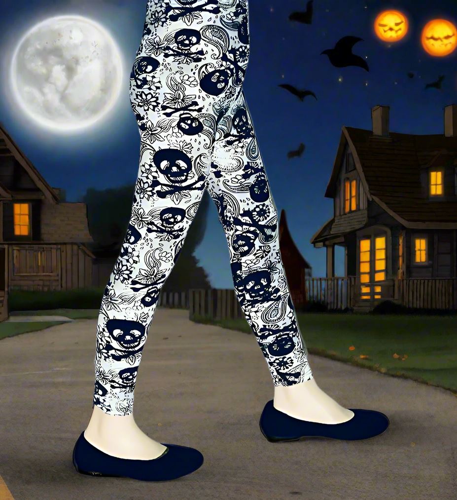 Girls Halloween Skull Leggings, Kids Yoga Pants, Sizes S/L, No-Roll Waist, White/Black Leggings MomMe and More