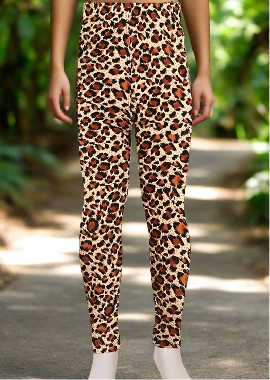 Girls Cheetah Leopard Leggings, Kids Yoga Pants, Sizes S/L, No-Roll Waist, Brown Leggings MomMe and More