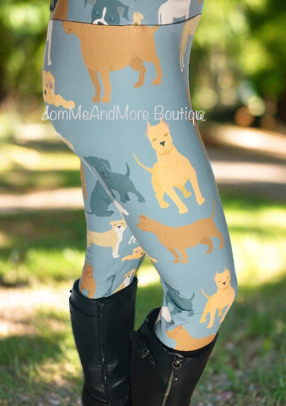 Womens Pit Bull Dog Leggings Soft Yoga Pants Blue/Tan Sizes 0-20
