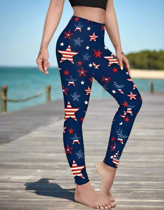 Womens Patriotic American Flag Star Leggings, Soft Yoga Pants, Sizes 0-18, Red/White/Blue Leggings MomMe and More