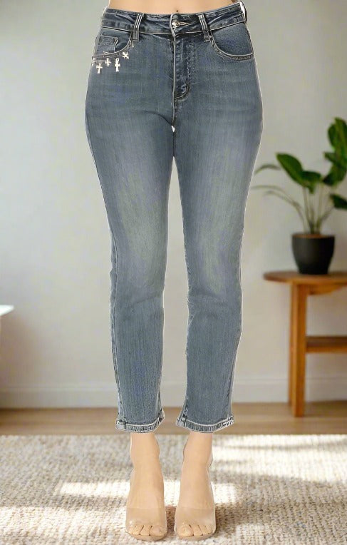 Ankle Jeans For Women and Juniors | Cross Bling Pocket Jeans | Med Wash Denim Pants Jeans MomMe and More
