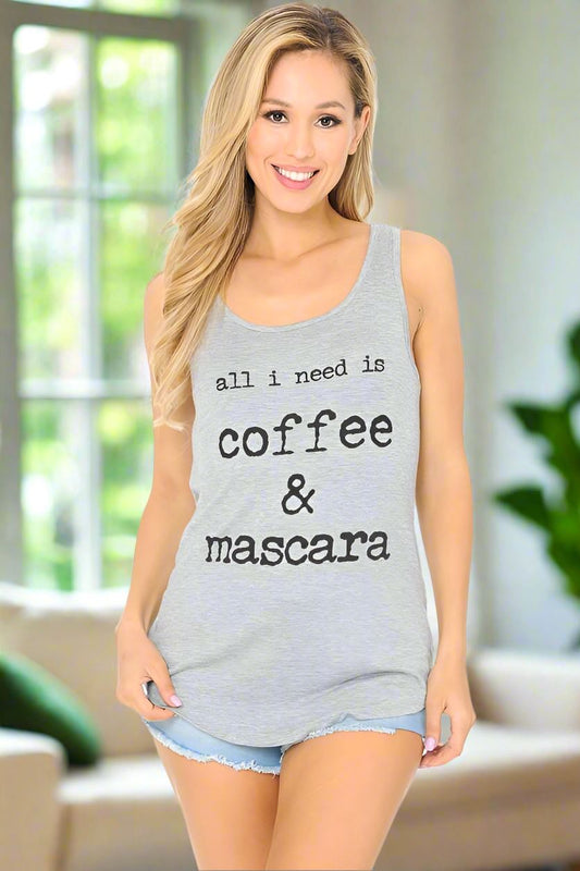 Womens Coffee Mascara Graphic Tank Top, Sizes S/M/L, Gray Tops MomMe and More S Gray