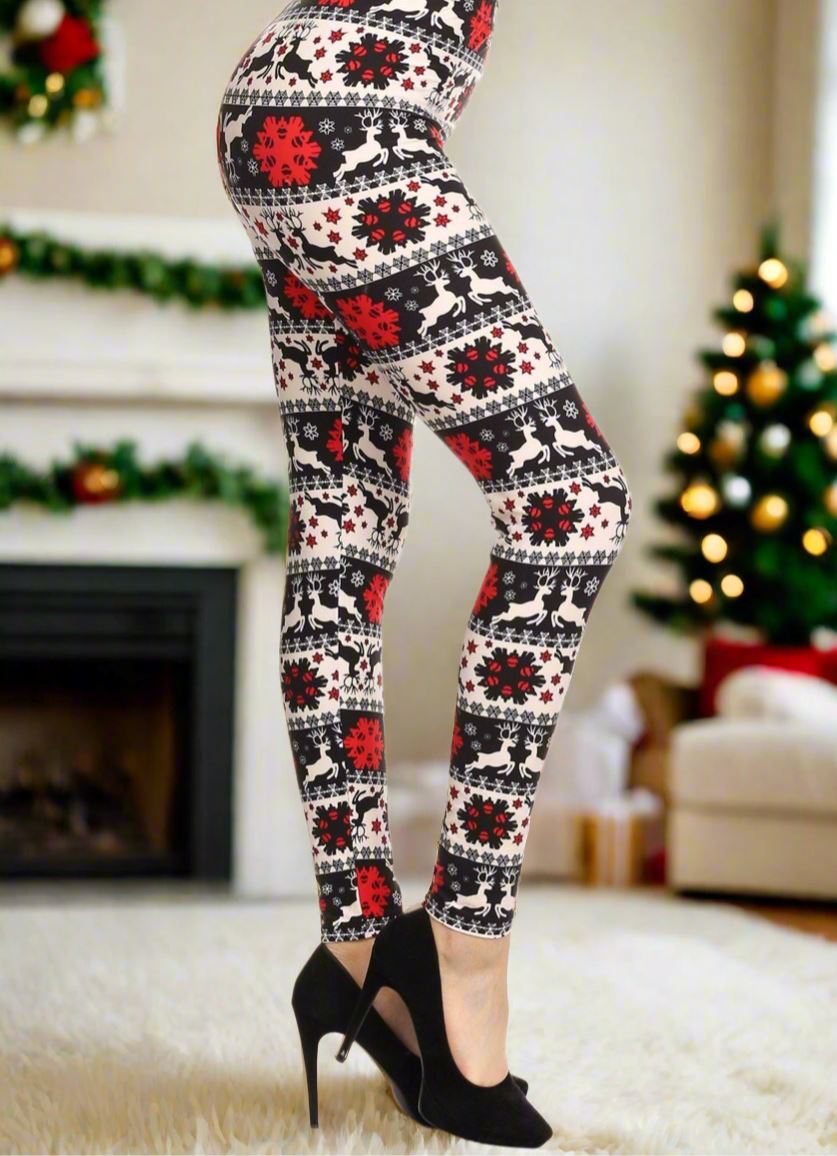 Womens Christmas Reindeer Snowflake Leggings, Soft Yoga Pants, Size 0-18, No-Roll Waist, White/Red/Black Leggings MomMe and More