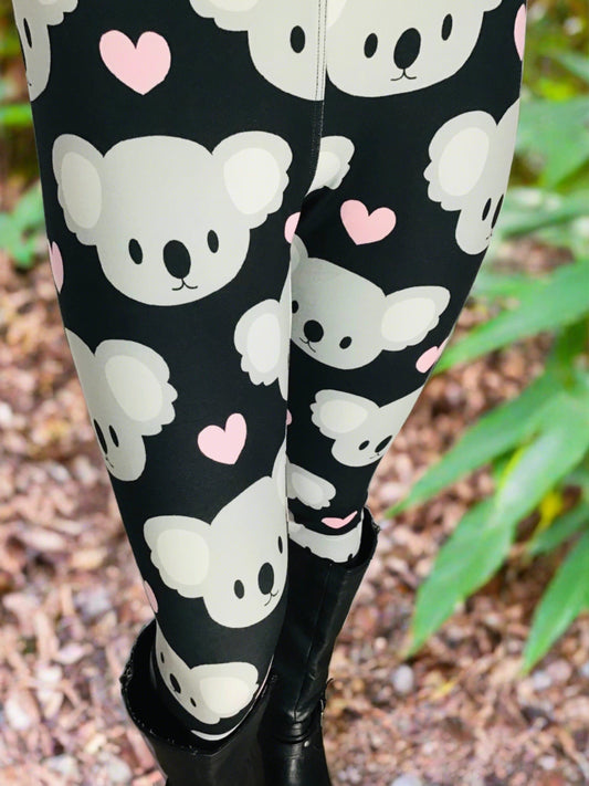 Womens Koala Bear Heart Leggings Soft Yoga Pants Black/White/Pink Sizes 0-20