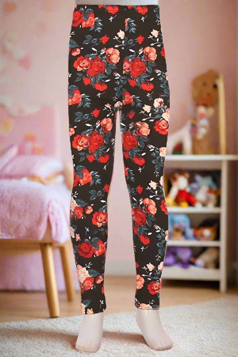 Girls Valentines Day Rose Leggings, Kids Yoga Pants, Sizes S/L, No-Roll Waist, Red/Black Leggings MomMe and More