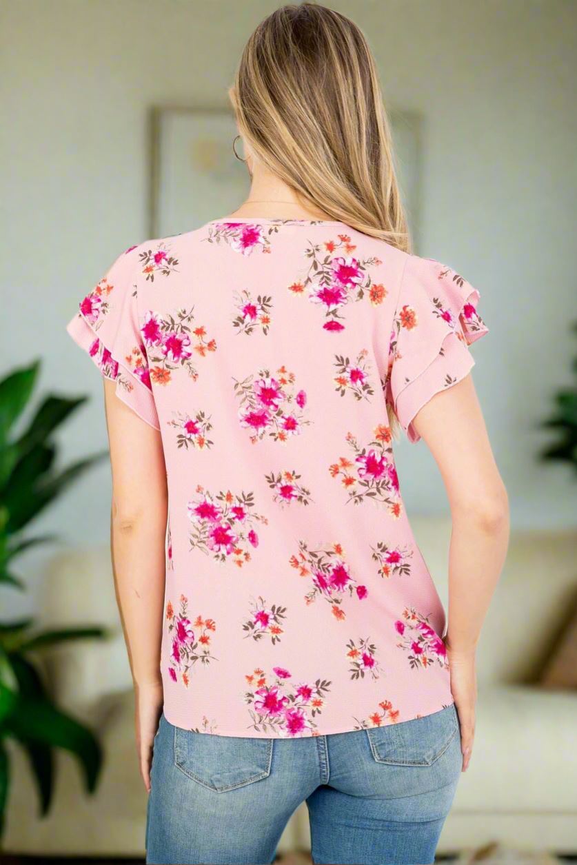 Womens Pink Floral Top, Flutter Cap Sleeve Shirt, Flowered Blouse, Sizes S/M/L/XL, Pink Tops MomMe and More