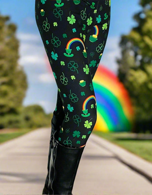 Womens Shamrock Rainbow St. Patrick Day Leggings, Soft Yoga Pants, Sizes 0-20, Yoga Waist, Exclusive Leggings Leggings MomMe and More