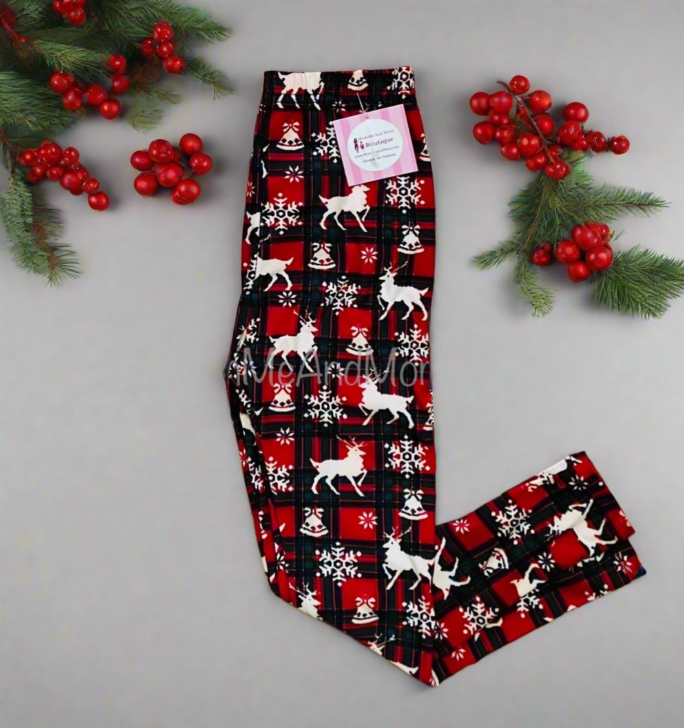 Girls Christmas Snowflake Leggings, Kids Yoga Pants, Sizes S/L, No-Roll Waist, Red/White Leggings MomMe and More