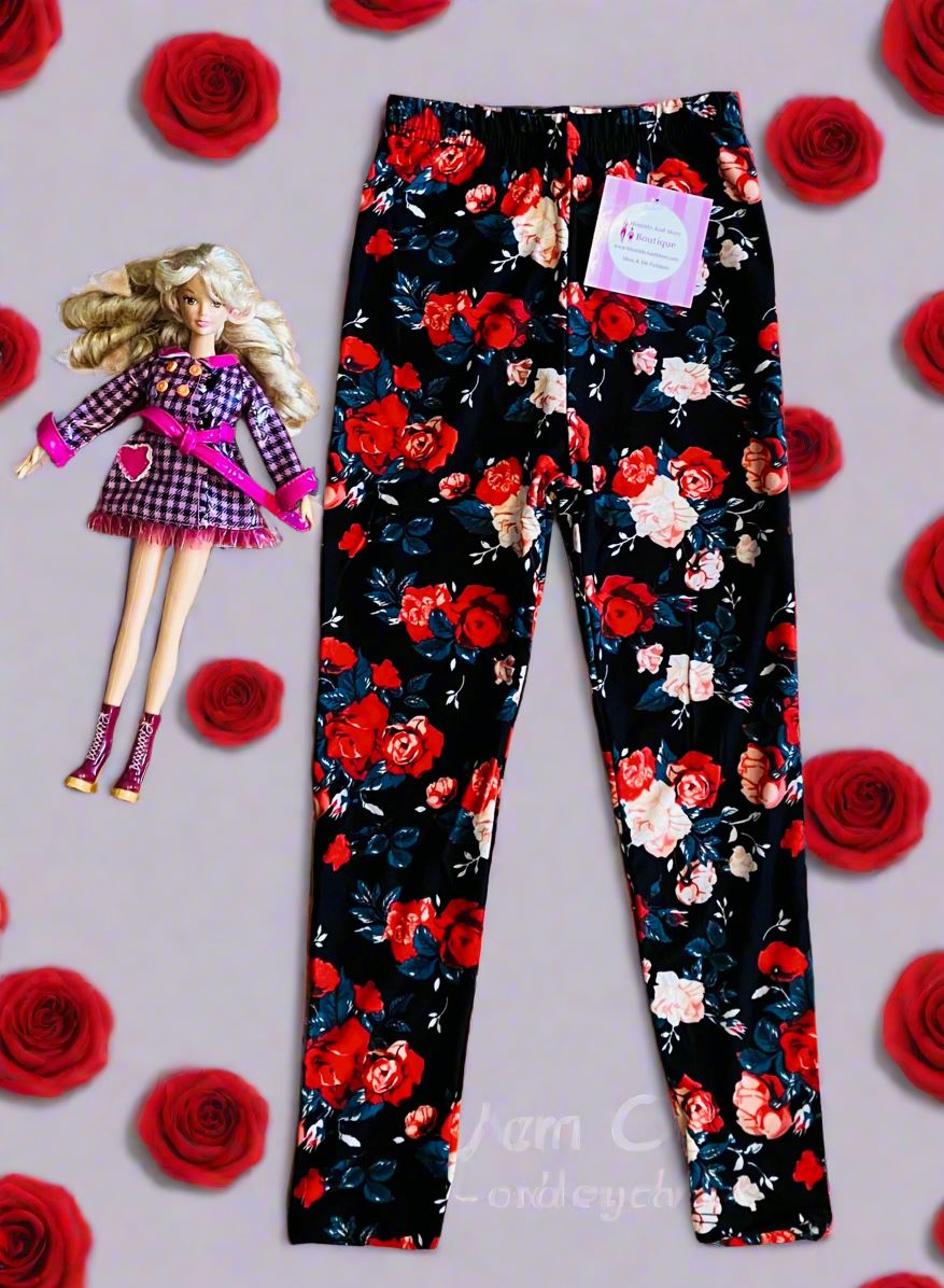 Girls Valentines Day Rose Leggings, Kids Yoga Pants, Sizes S/L, No-Roll Waist, Red/Black Leggings MomMe and More