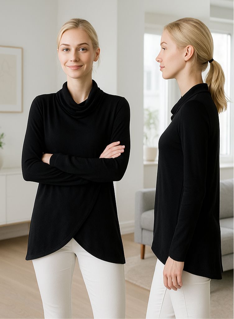 Womens Black Criss Cross Top - Cowl Neck - Oversized Tunic - Solid Black top MomMe and More
