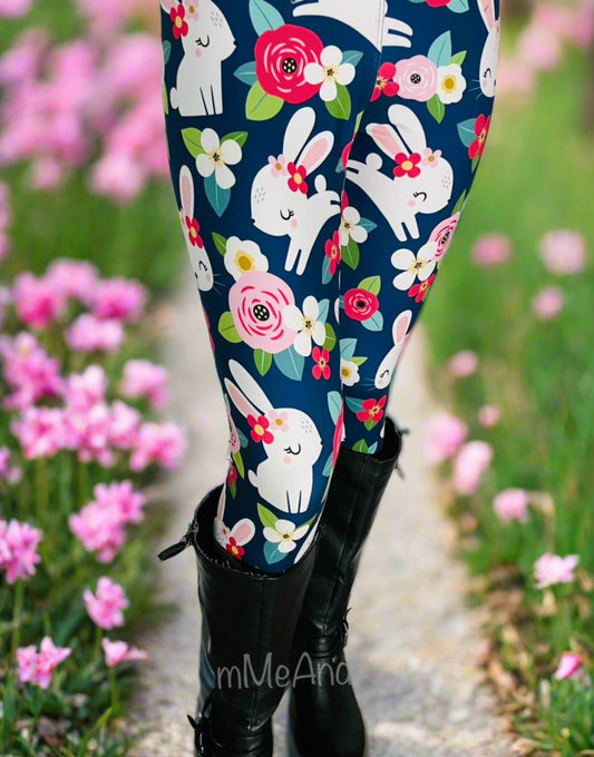 Womens Leggings | Exclusive Easter Bunny Pink Flower Leggings | Yoga Pants | Footless Tights | Yoga Waistband Leggings MomMe and More