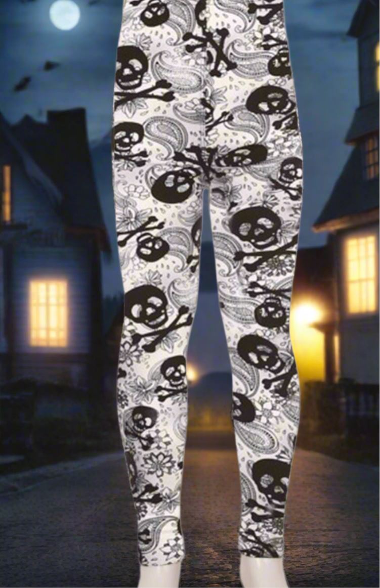 Girls Halloween Skull Leggings, Kids Yoga Pants, Sizes S/L, No-Roll Waist, White/Black Leggings MomMe and More