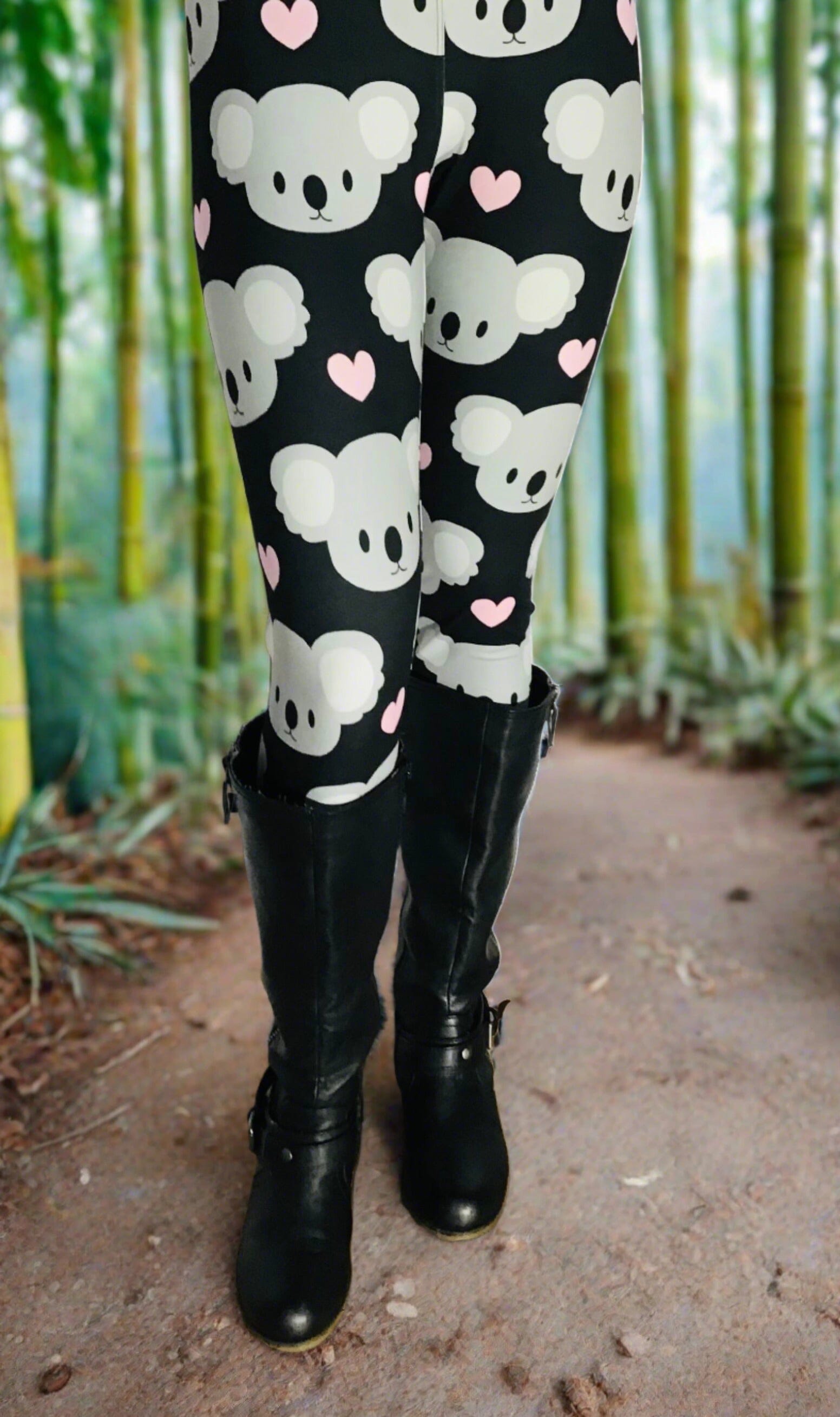 Womens Koala Bear Heart Leggings Soft Yoga Pants Black/White/Pink Sizes 0-20 Leggings MomMe and More 