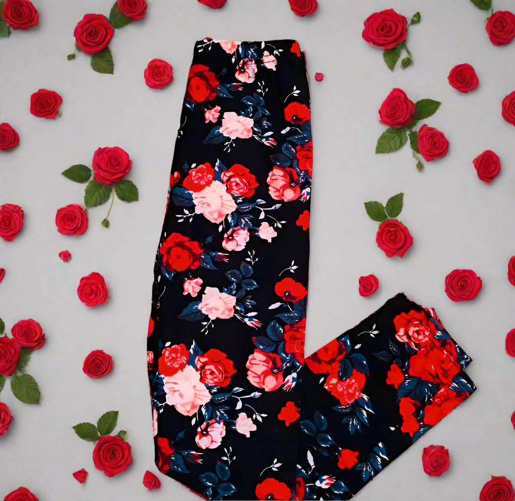 Girls Valentines Day Red Rose Leggings, Kids Yoga Pants, Sizes S/L, No-Roll Waist, Red/Black Leggings MomMe and More