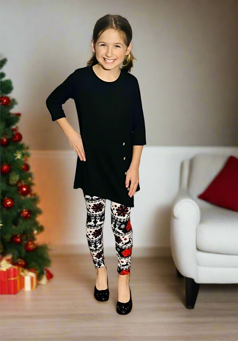 Girls Christmas Holiday Leggings, Kids Yoga Pants, Sizes S/L, No-Roll Waist, Black/Red/White Leggings MomMe and More