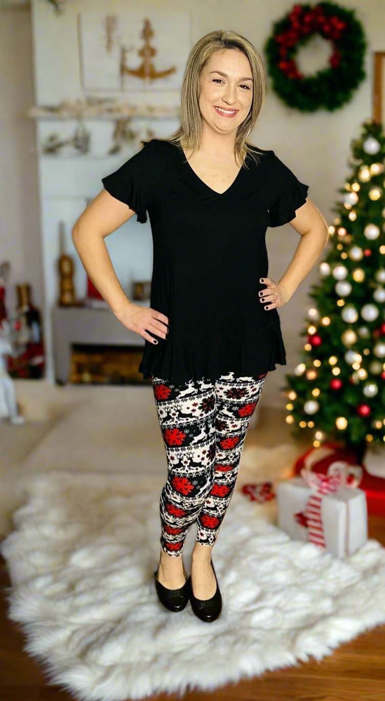 Womens Christmas Reindeer Snowflake Leggings, Soft Yoga Pants, Size 0-18, No-Roll Waist, White/Red/Black Leggings MomMe and More
