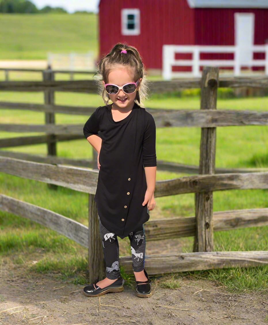 Girls Horse Leggings, Kids Yoga Pants, Sizes S/L, No-Roll Waist, Black/White Leggings MomMe and More