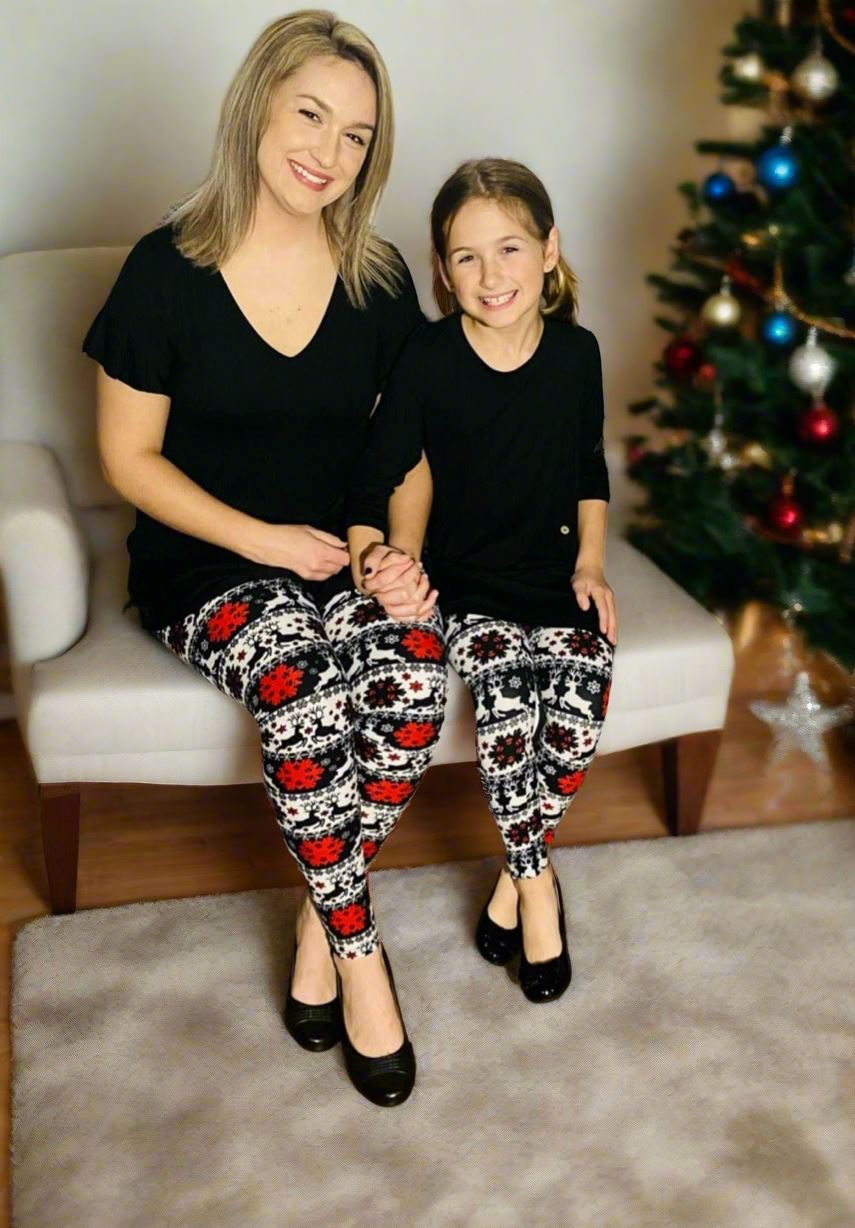 Womens Christmas Reindeer Snowflake Leggings, Soft Yoga Pants, Size 0-18, No-Roll Waist, White/Red/Black Leggings MomMe and More