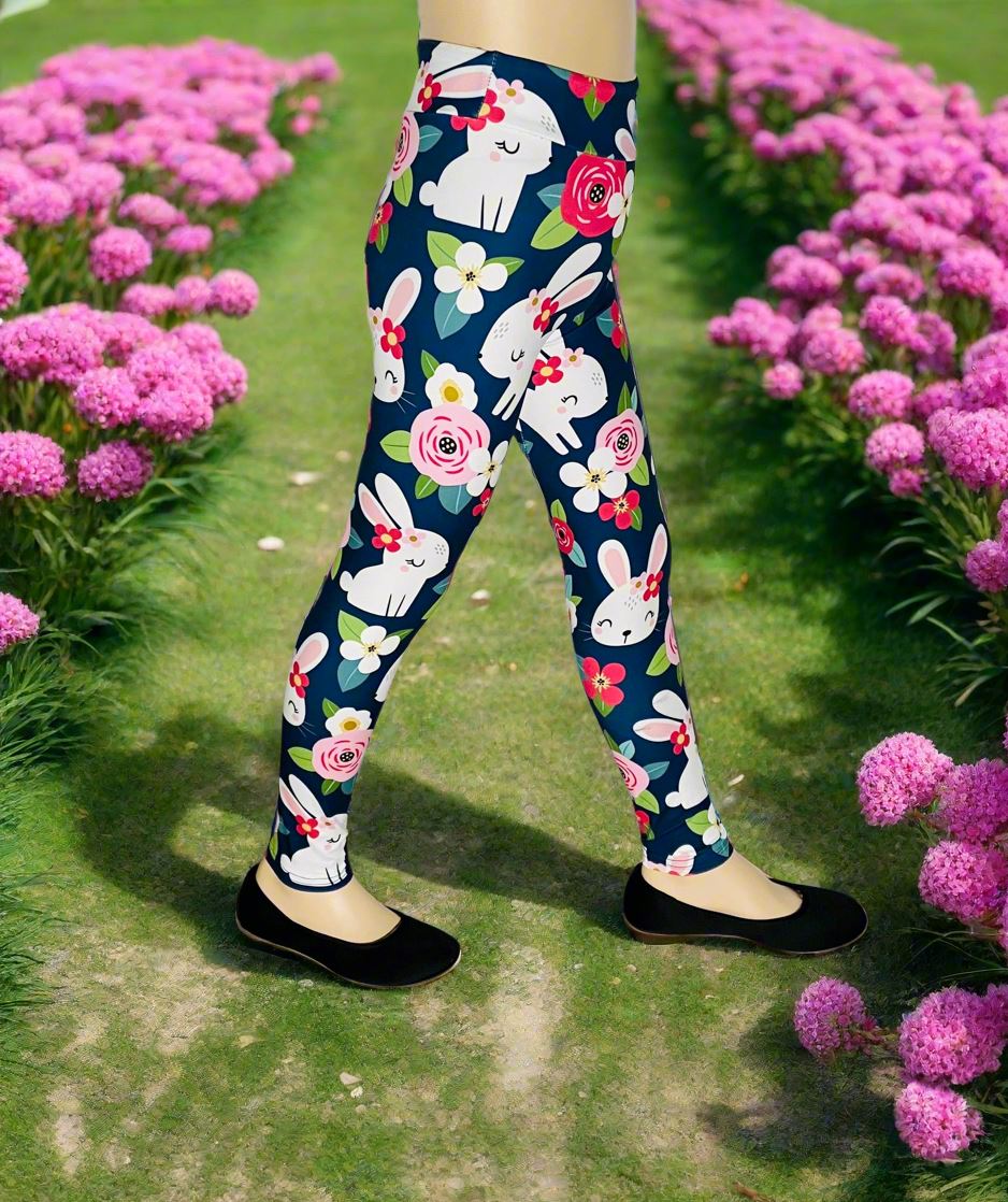 Girls Easter Bunny Leggings, Kids Yoga Pants, Sizes S/L, Yoga Waist, Blue/Pink, Exclusive Leggings Leggings MomMe and More