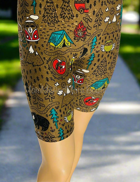 Womens Camping Biker Shorts - High Waisted - Buttery Soft - Brown Shorts MomMe and More