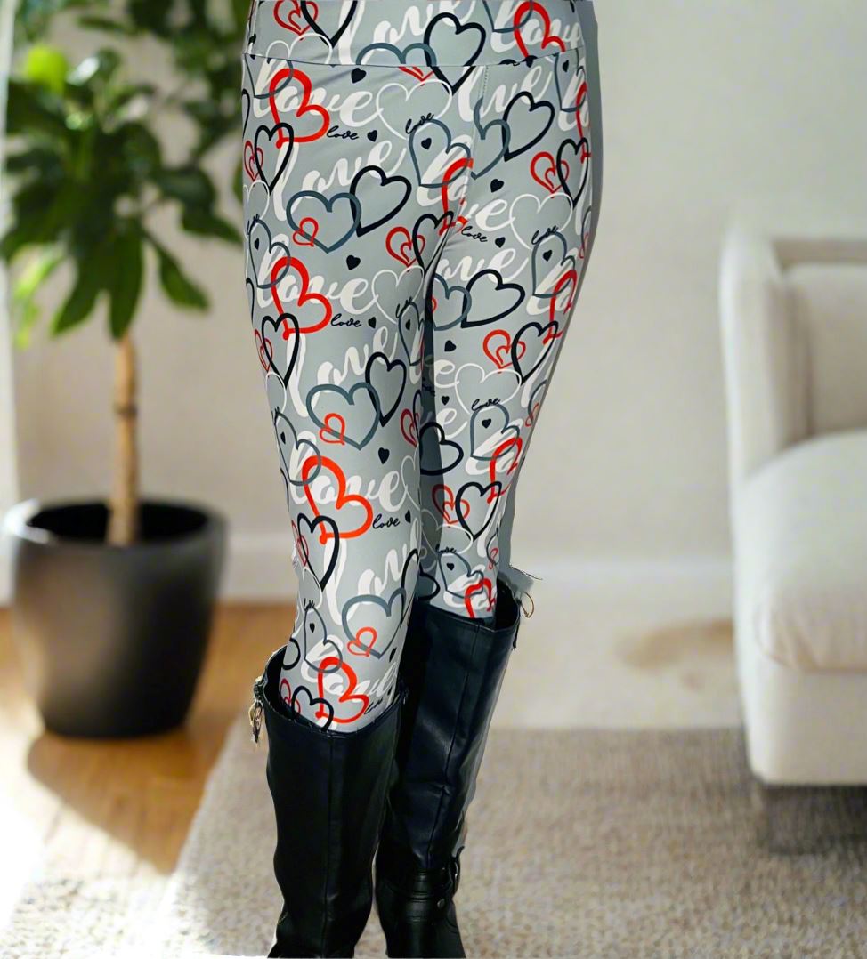 Womens Valentines Day Leggings, Love Heart Print Soft Yoga Pants, Sizes OS/TC/TC2, Gray/Red, Exclusive Leggings Leggings MomMe and More