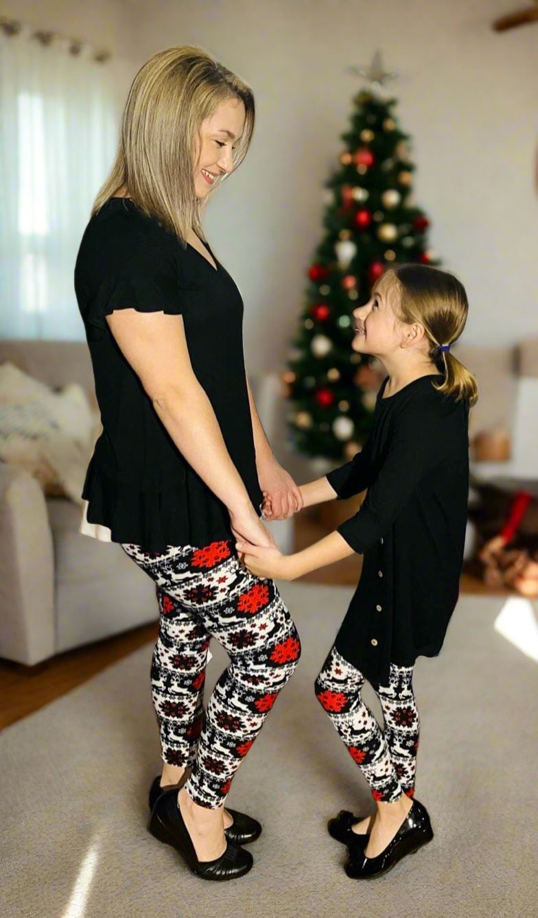 Womens Christmas Reindeer Snowflake Leggings, Soft Yoga Pants, Size 0-18, No-Roll Waist, White/Red/Black Leggings MomMe and More