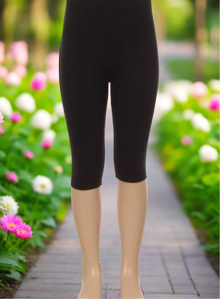 Girls Capri Black Leggings, Kids Soft Yoga Pants, Sizes S/L, No-Roll Waist, Solid Black Leggings MomMe and More