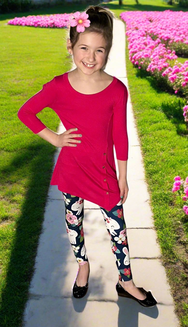 Girls Easter Bunny Leggings, Kids Yoga Pants, Sizes S/L, Yoga Waist, Blue/Pink, Exclusive Leggings Leggings MomMe and More