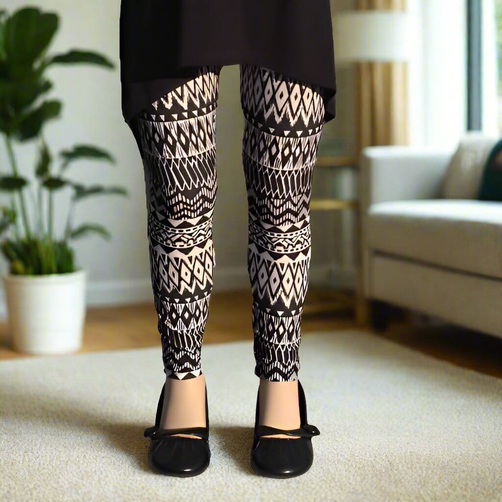 Girls Aztec Striped Leggings, Kids Yoga Pants, Size S/L, No-Roll Waist, Black/White Leggings MomMe and More