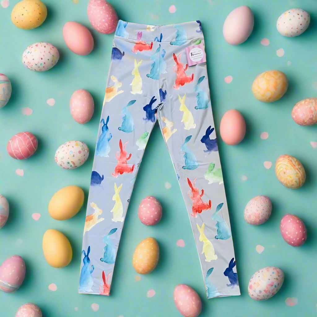 Girls Easter Bunny Leggings, Kids Yoga Pants, Sizes S/L, Yoga Waist, Gray/Multi, Exclusive Leggings Leggings MomMe and More