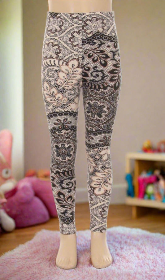 Girls Paisley Lace Leggings, Kids Yoga Pants, Sizes S/L, No-Roll Waist, Beige/Black Leggings MomMe and More