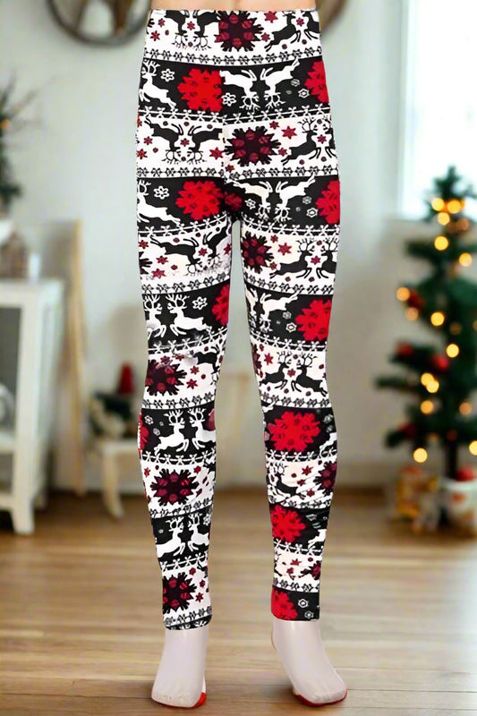 Girls Christmas Holiday Leggings, Kids Yoga Pants, Sizes S/L, No-Roll Waist, Black/Red/White Leggings MomMe and More