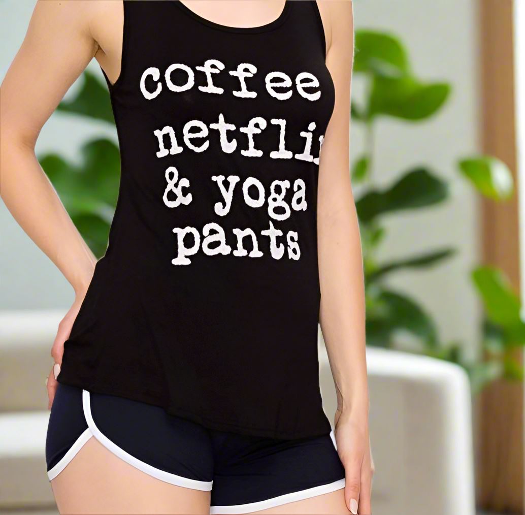 Womens Coffee Netflix Yoga Pants Graphic Tank Top, Sizes S/M/L, Black Tops MomMe and More