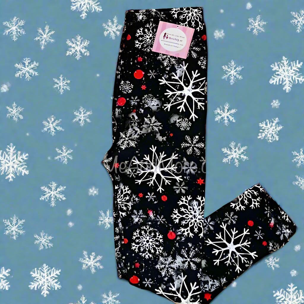 Girl Christmas Snowflake Leggings, Kids Yoga Pants, Sizes S/L, No-Roll Waist, Black/White Leggings MomMe and More