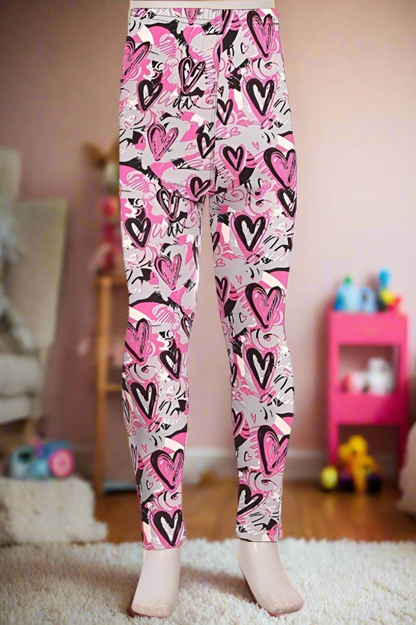 Girls Heart Valentines Day Leggings, Kids Yoga Pants, Sizes S/L, No-Roll Waist, Pink/Gray Leggings MomMe and More
