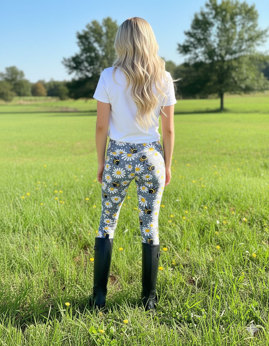 Womens Bee Daisy Leggings - High Waisted - Buttery Soft - Grey/Yellow Leggings MomMe and More